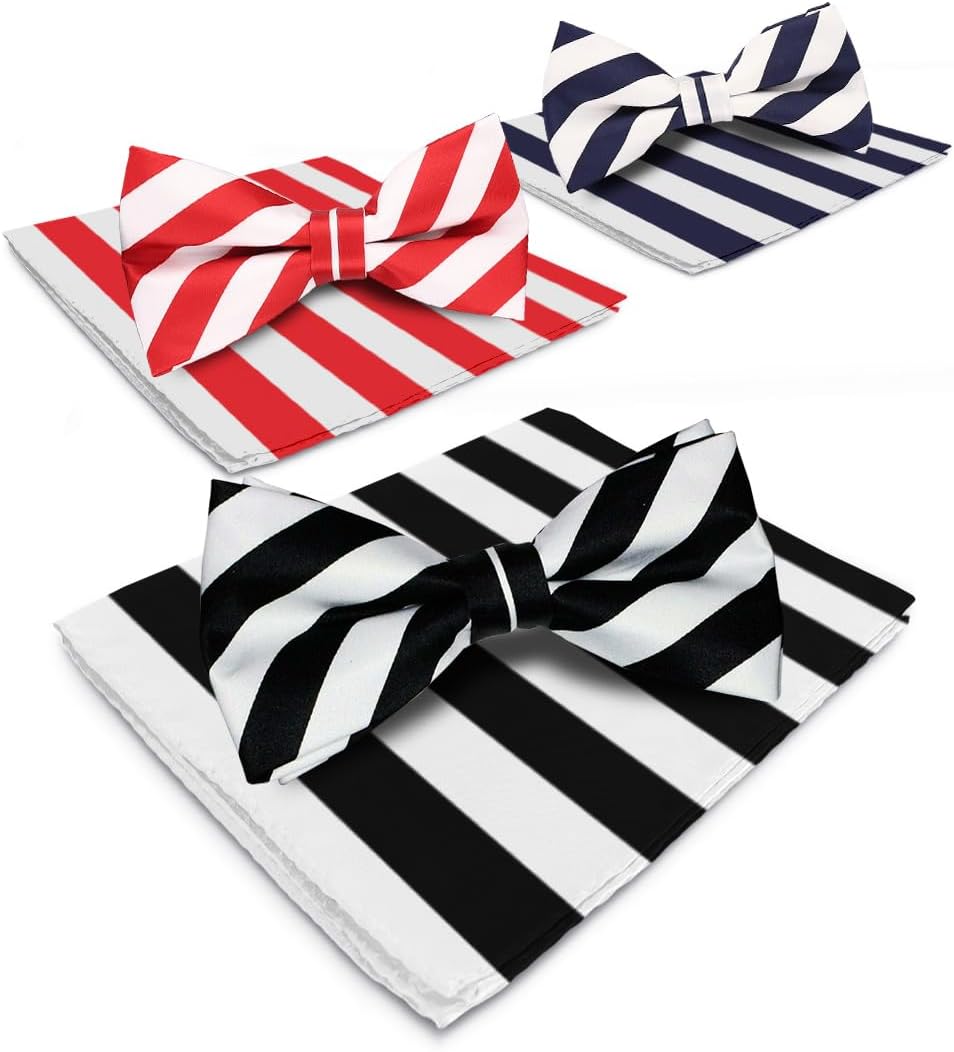 Vittorio Farina Striped Bow Tie & Pocket Square Multipacks - BH-ST-3_WHITE - Classy Cufflinks