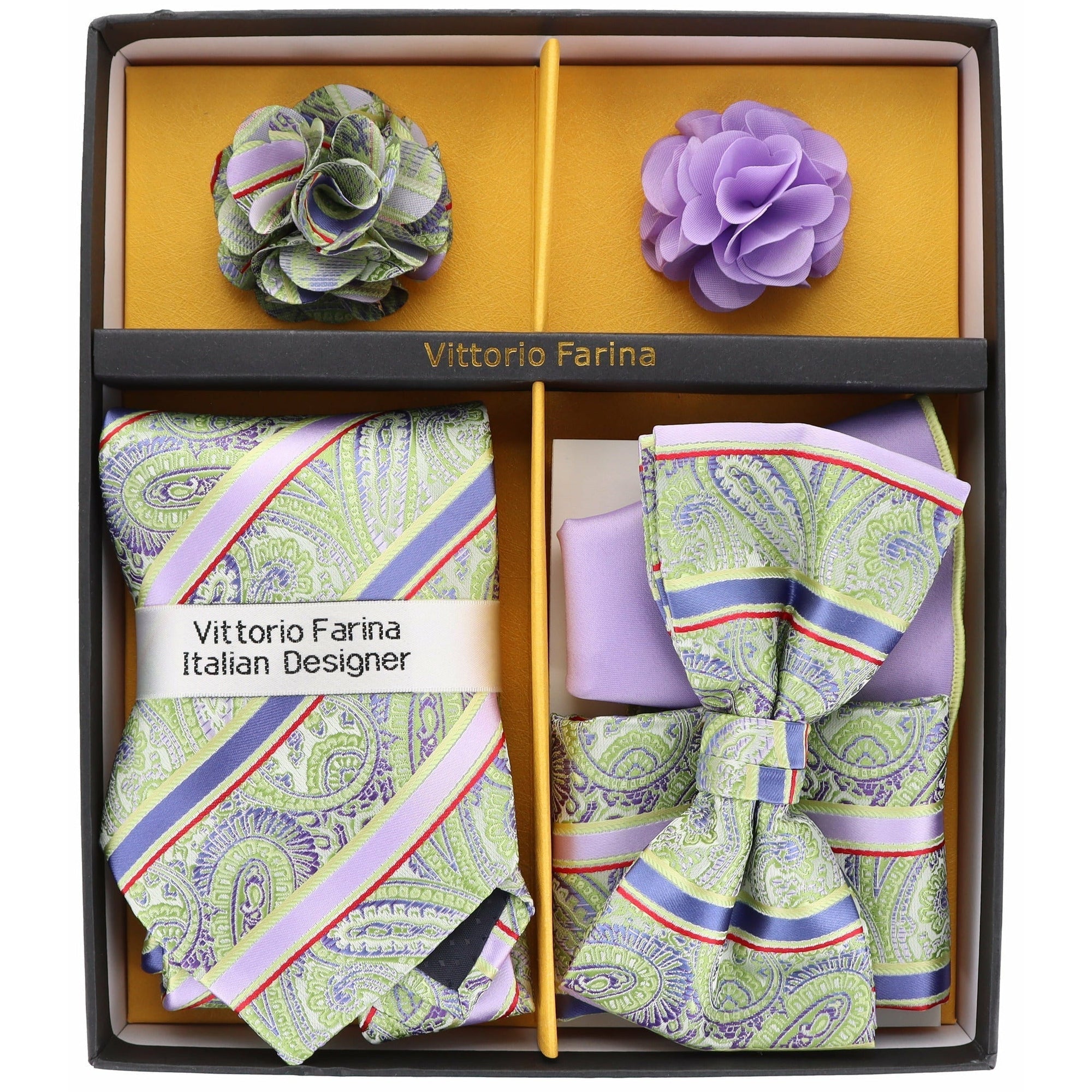 Vittorio Farina Gift Box (Necktie, Bow Tie, Pocket Squares and Flower Lapel Pin)