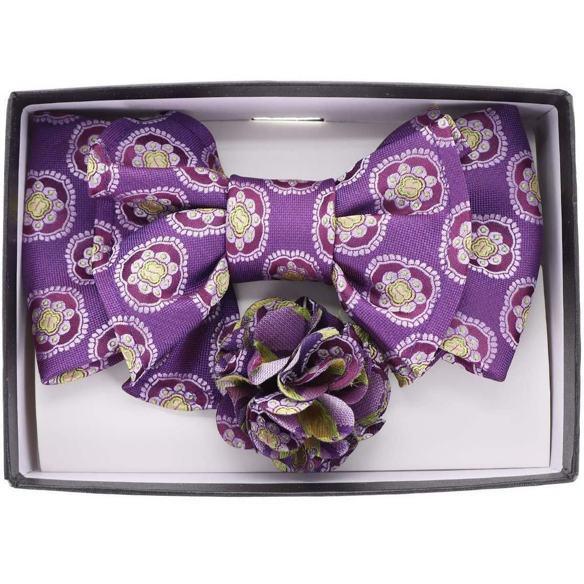 Vittorio Farina XL Bow Tie, Pocket Square &amp; Flower Lapel Pin - XL2120 - Classy Cufflinks