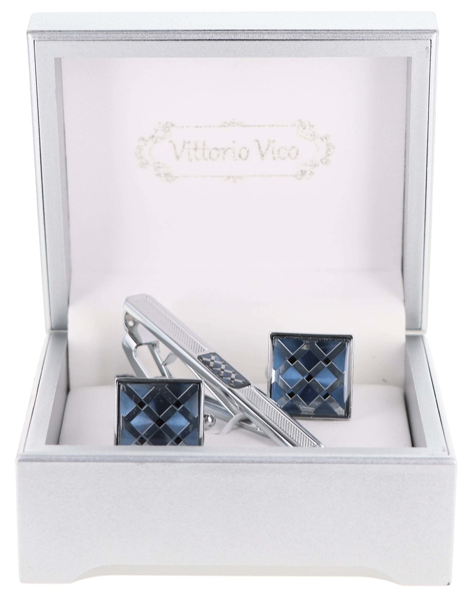 Vittorio Vico Gold and Silver Enamel Cufflinks & Tie Bar Set