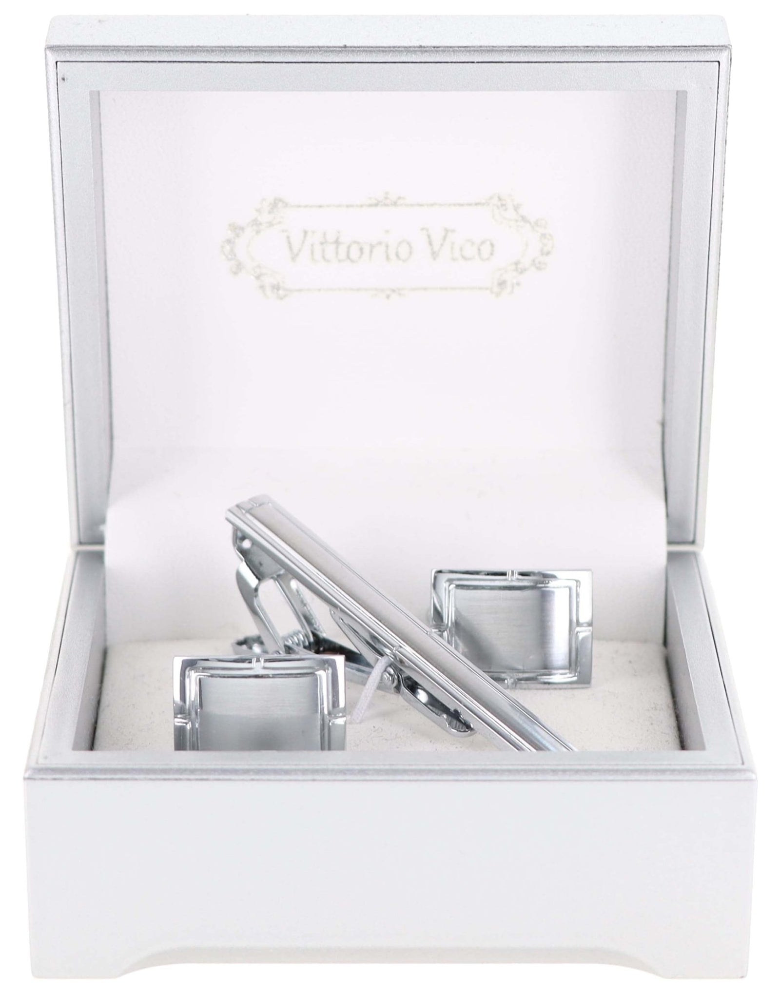Vittorio Vico Plain Silver Cufflinks & Tie Bar Set