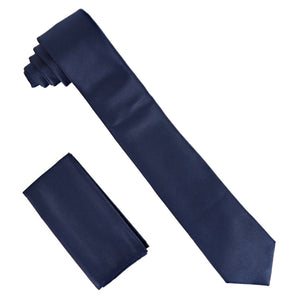 Vittorio Farina Solid Satin Skinny Necktie & Pocket Square by Classy Cufflinks - NH_SKINNY_NAVY - Classy Cufflinks